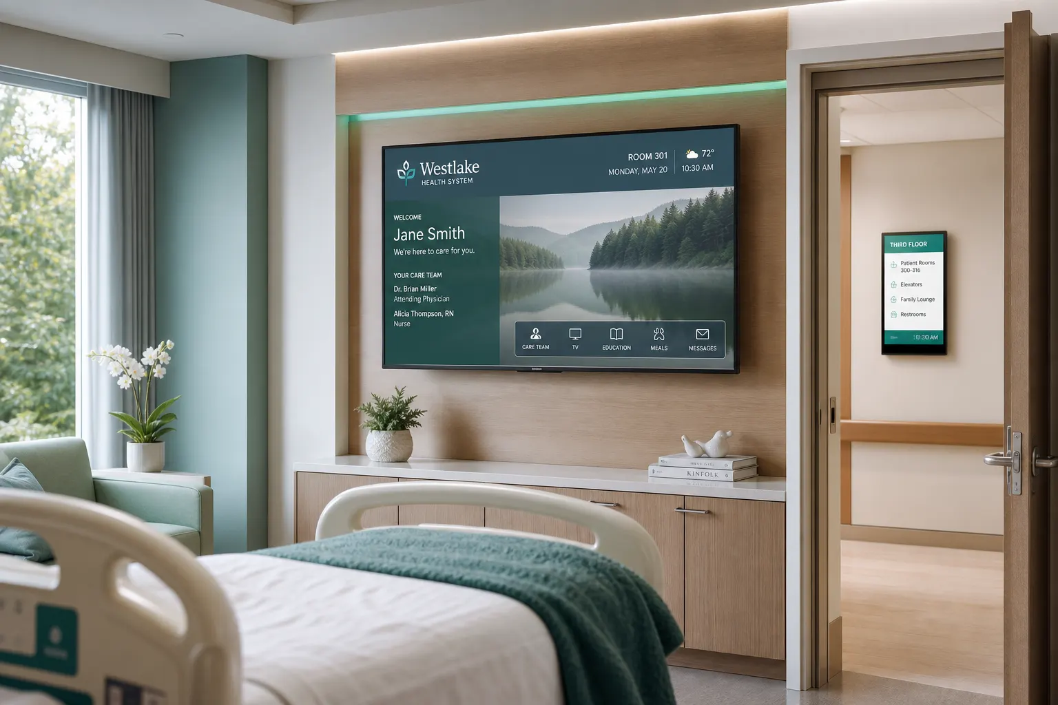 Hospital patient room with in-room IPTV welcome screen