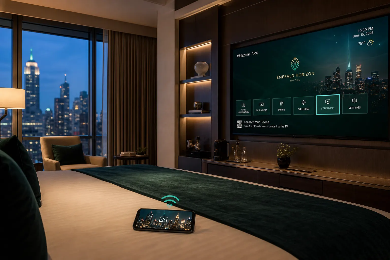 Luxury hotel room with hospitality IPTV home screen