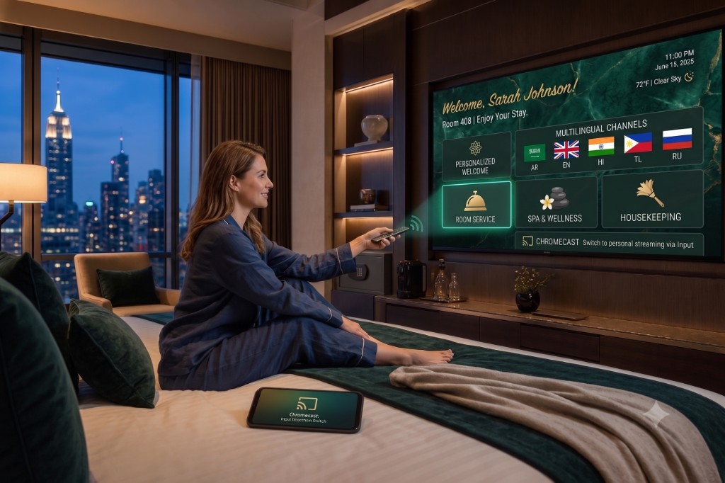 Hotel guest room television running an IPTV welcome screen