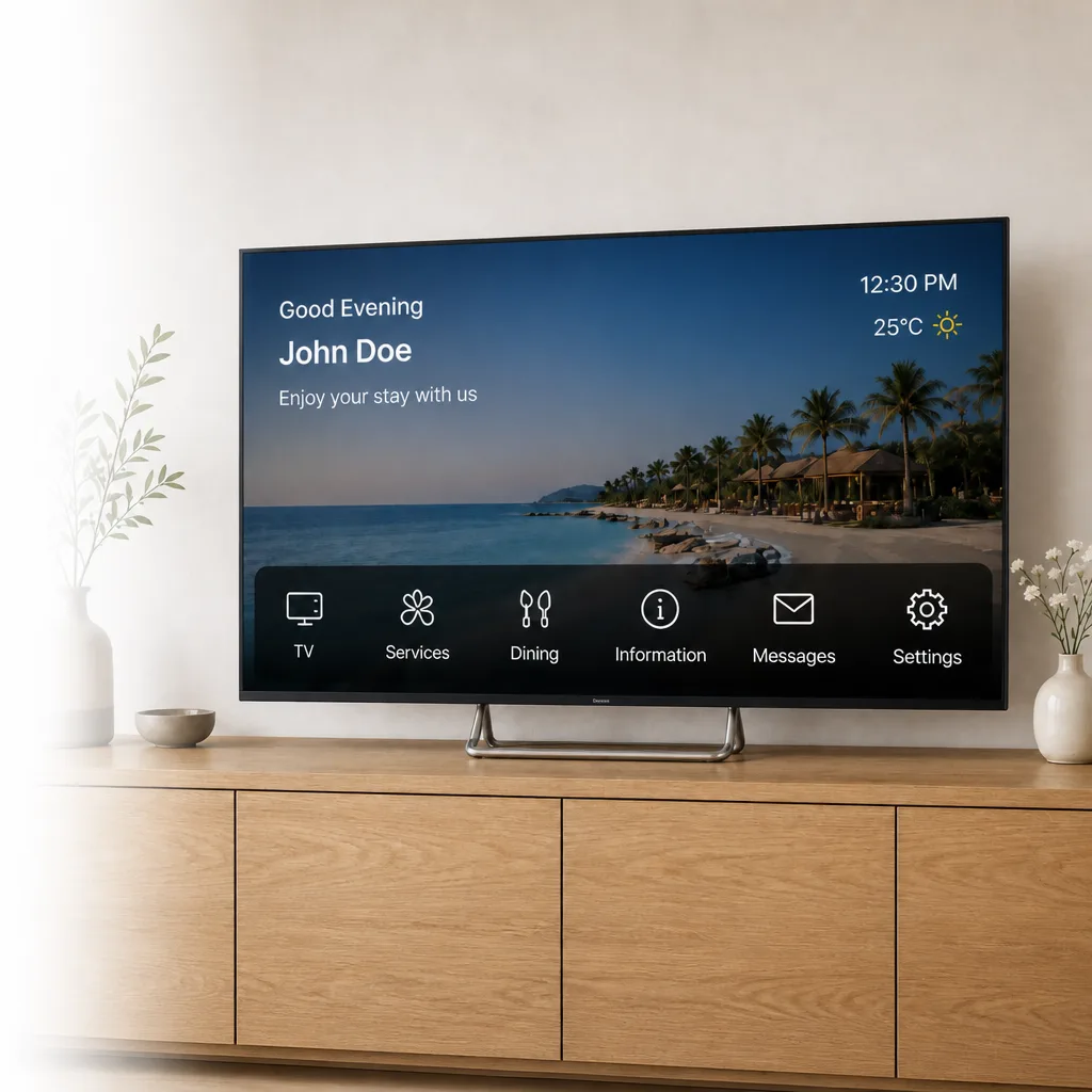 Hotel television on a console showing a SiteLayer guest IPTV home screen