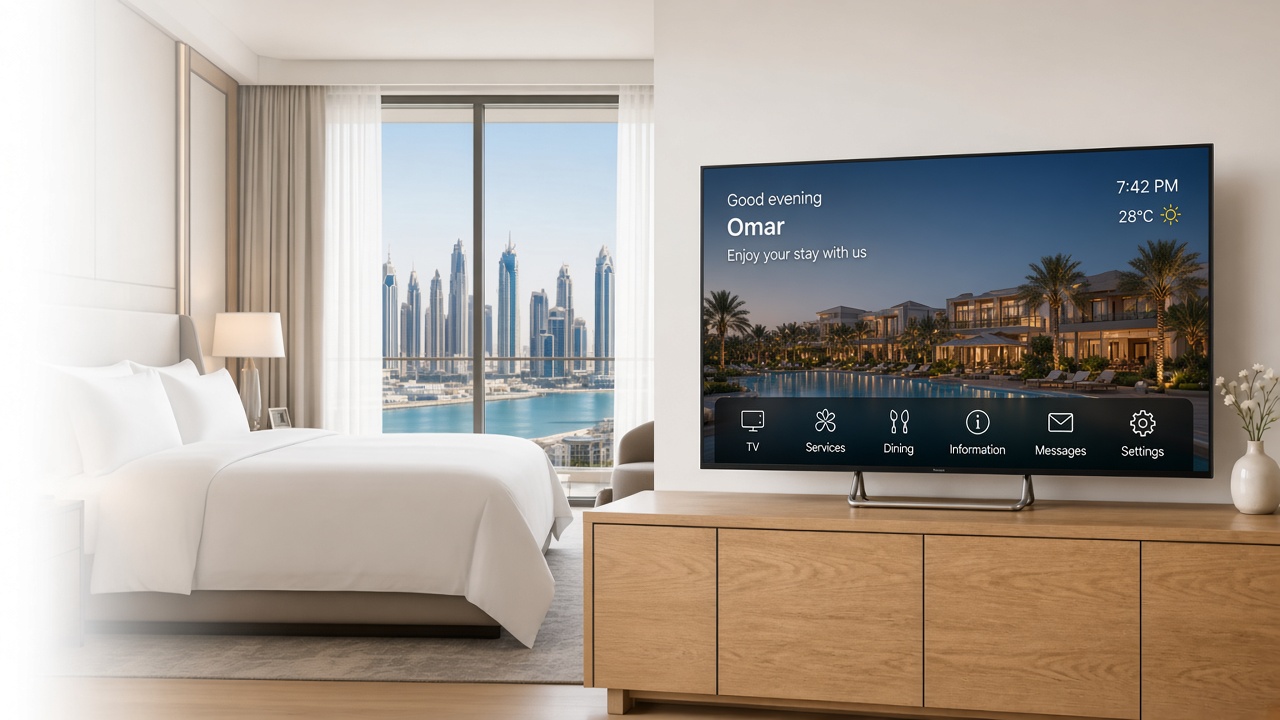 Hotel IPTV in a UAE guest room — SiteLayer systems for hotels, hospitals, and camps