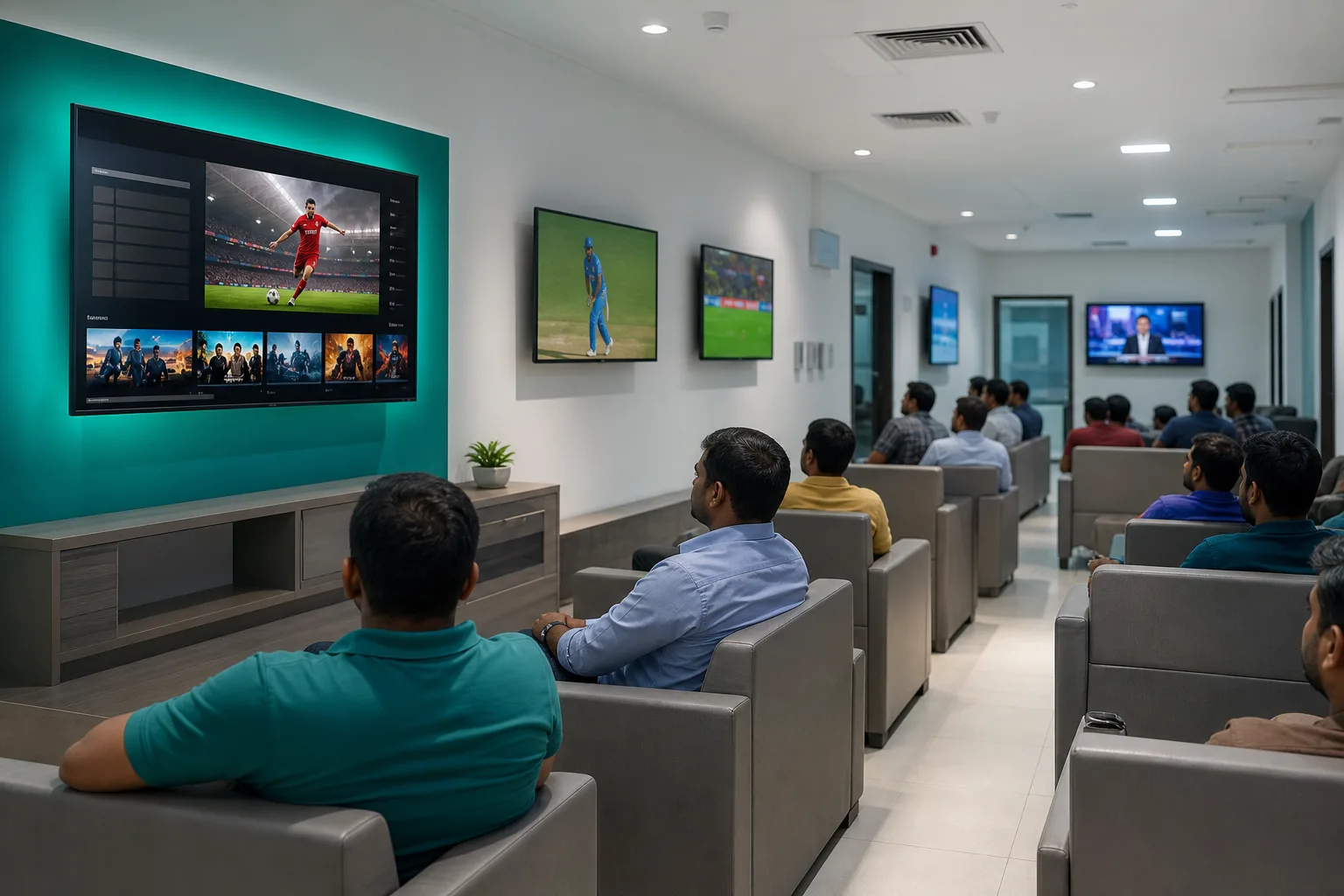 Communal recreation area with televisions in worker accommodation